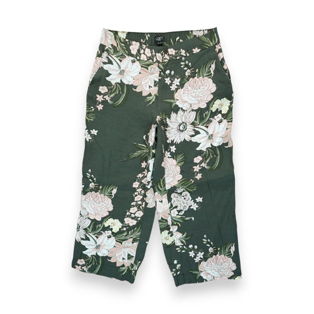 LOFT Wide Leg Crop Pants Green Floral Elastic Back Pockets Palazzo‎ SP Petite